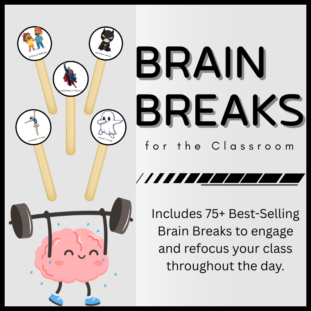 Brain Breaks for the Classroom cover with popsicle sticks and a brain lifting weights