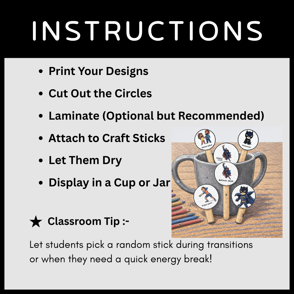 Instructions for printing and using brain break sticks